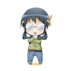  belt blue_hair blue_pants brown_belt chibi coke-bottle_glasses collared_shirt commentary_request denim facing_viewer female flannel full_body glasses green_shirt grey_footwear hand_on_own_chin headband jeans long_sleeves makishima_saori open_mouth ore_no_imouto_ga_konna_ni_kawaii_wake_ga_nai pants round_eyewear shirt shoes simple_background solo standing sudachi_(calendar) yellow_headband 