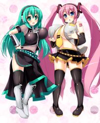  2girls :d akikaze_tsumuji aqua_eyes aqua_hair bare_shoulders belt black_thighhighs blue_eyes blush boots breasts commentary_request cosplay costume_switch curvy detached_sleeves fingernails grin hatsune_miku hatsune_miku_(cosplay) high_heels large_breasts long_hair megurine_luka megurine_luka_(cosplay) midriff multiple_girls nail_polish navel necktie nipples open_mouth pink_hair see-through shoes skirt smile thighhighs twintails very_long_hair vocaloid zettai_ryouiki 