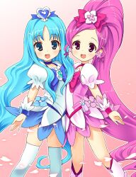  2girls bad_id bad_pixiv_id blue_choker blue_eyes blue_hair blue_skirt boots bow brooch choker commentary_request cure_blossom cure_marine dress earrings flower hair_ornament hair_ribbon hairpin hanasaki_tsubomi heart heart_brooch heartcatch_precure! high_ponytail homing_(areya) jewelry knee_boots kurumi_erika magical_girl multiple_girls pink_bow pink_choker pink_eyes pink_hair ponytail precure ribbon skirt smile symmetry thighhighs white_legwear wide_ponytail wrist_cuffs zettai_ryouiki 