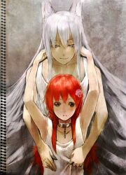  2boys animal_ears armpits arms_up bad_id bad_pixiv_id brown_eyes chains collar dual_persona grey_eyes height_difference highres ichiko_oharu kurama_(yu_yu_hakusho) long_hair multiple_boys red_hair silver_hair youko_kurama yu_yu_hakusho 