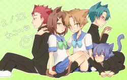  5boys androgynous animal_ears baka_to_test_to_shoukanjuu blue_hair cat_ears cat_tail catboy character_request crossdressing crossdressing green_hair kinoshita_hideyoshi male male_focus multiple_boys red_hair school_uniform tail trap tsuchiya_kouta uniform yoshii_akihisa 