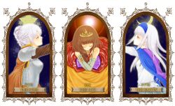  3girls albino armor bad_id bad_pixiv_id braid brown_hair cape chris_lightfellow closed_eyes crescent_moon dress french_braid gensou_suikoden gensou_suikoden_ii gensou_suikoden_iii gensou_suikoden_v in-franchise_crossover long_hair lymsleia_falenas moon multiple_girls purple_eyes red_eyes sierra_mikain silver_hair star_(symbol) sun tarot tarot_(medium) the_moon_(tarot) the_star_(tarot) the_sun_(tarot) tiara yunako_(artist) 