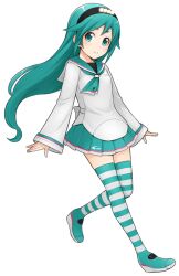  aqua_eyes blush commentary_request female green_hair ha-ru hairband long_hair original photoshop_(medium) school_uniform serafuku short_eyebrows simple_background skirt smile solo striped_clothes striped_thighhighs thighhighs zettai_ryouiki 