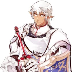  1boy armor buront cape commentary_request elf elvaan final_fantasy final_fantasy_xi male_focus md5_mismatch pointy_ears red_eyes sheath sheathed shield solo sumi_keiichi sword transparent_background weapon white_hair 