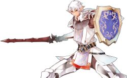  1boy armor belt buront commentary_request elf elvaan final_fantasy final_fantasy_xi male_focus md5_mismatch pointy_ears red_eyes resolution_mismatch shield solo source_larger sumi_keiichi sword transparent_background weapon white_hair 