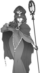  cloak commentary_request dress fate/stay_night fate_(series) female gloves greyscale highres hood long_dress medea_(fate) monochrome solo staff yamaguchi_homupe 