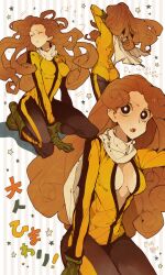  bodysuit breasts brown_hair cleavage commentary_request crayon_shin-chan female gloves long_hair medium_breasts multiple_views nohara_himawari oerba_yun_fang sachiko_(omame) yellow_bodysuit 