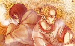  2boys beard einar facial_hair karaii multiple_boys thorfinn timeskip tunic vinland_saga wheat 