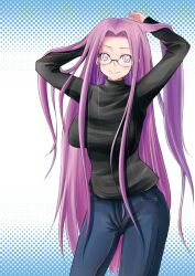  blush breasts commentary_request denim fate/stay_night fate_(series) female glasses jeans large_breasts long_hair medusa_(fate) medusa_(rider)_(fate) painttool_sai_(medium) pants purple_eyes purple_hair smile solo turtleneck very_long_hair zanku 