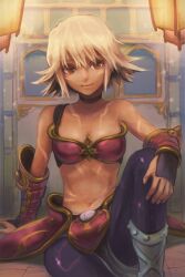  .hack// arm_support armor bare_shoulders bikini_armor black_rose_(.hack//) bob_cut boots choker commentary_request dark-skinned_female dark_skin female gauntlets gecco_knight lips midriff pantyhose red_eyes short_hair sitting smile solo tattoo white_hair 