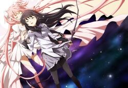  2girls akemi_homura akemi_homura_(magical_girl) black_hair boots bow bow_(weapon) closed_eyes commentary_request dress hair_ribbon hairbow kaname_madoka long_hair mahou_shoujo_madoka_magica mahou_shoujo_madoka_magica_(anime) multiple_girls oiun pantyhose pink_footwear pink_hair ribbon space tears thigh_boots thighhighs ultimate_madoka weapon 