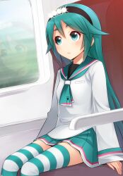  aqua_eyes blush commentary_request e5_hayabusa female green_hair ha-ru hairband long_hair original personification photoshop_(medium) reflection school_uniform serafuku shinkansen short_eyebrows sitting skirt solo striped_clothes striped_thighhighs thighhighs train_interior window zettai_ryouiki 