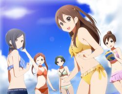  5girls arm_up ball beachball bikini black_hair brown_eyes brown_hair cloud commentary_request day extra k-on! kakiuchi_itsuki lens_flare long_hair multiple_girls nakanishi_toshimi navel open_mouth ponytail saeki_mika satou_akane short_hair skirt sky smile swimsuit taki_eri twintails volleyball volleyball_(object) wajima_maki 