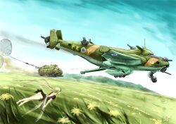  aircraft airplane ass bad_id bad_pixiv_id blurry caterpillar_tracks copyright_request depth_of_field fairy female flower hakuaki military military_vehicle parachute solo vehicle_focus 