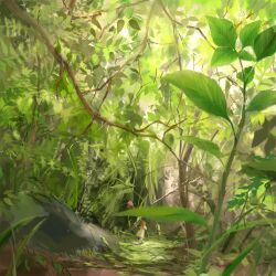  arrietty branch commentary_request female flower grass highres kanata_(ta220) karigurashi_no_arrietty leaf mini_person minigirl nature outdoors photoshop_(medium) running scenery solo 