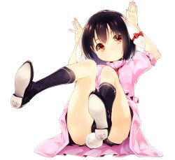  :&lt; animal_ears arms_up black_hair black_panties black_socks brown_hair closed_mouth commentary_request dress female full_body inaba_tewi kneehighs knees_together_feet_apart legs_up orange_eyes panties pink_dress rabbit_ears rabbit_girl rabbit_pose rabbit_tail shoe_soles short_hair simple_background sitting socks solo staring subachi tail touhou underwear white_background 