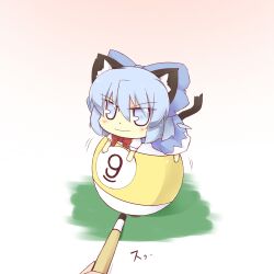  animal_ears ball billiard_ball billiards blue_eyes blue_hair bow cat_ears cat_tail chibi cirno commentary_request cue_stick dress female hairbow hazuki_ruu kemonomimi_mode mini_person minigirl ribbon short_hair smile solo tail touhou wings 