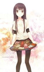  :o absurdres amagai_tarou black_hair black_pantyhose brown_eyes commentary_request female glasses highres layered_sleeves long_hair long_sleeves open_mouth original pantyhose shirt short_over_long_sleeves short_sleeves skirt skirt_hold sleeves_past_elbows solo t-shirt 