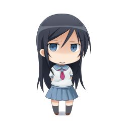  aragaki_ayase arms_behind_back black_hair black_socks blue_eyes blue_sailor_collar blue_skirt brown_footwear chibi commentary_request female full_body hair_between_eyes jitome long_hair looking_at_viewer neckerchief ore_no_imouto_ga_konna_ni_kawaii_wake_ga_nai parted_lips pleated_skirt red_neckerchief sailor_collar school_uniform shaded_face shirt short_sleeves simple_background skirt socks solo sudachi_(calendar) wavy_mouth white_background white_shirt 