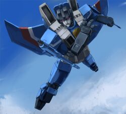  1980s_(style) cloud commentary_request day decepticon flying iwaya mecha no_humans photoshop_(medium) retro_artstyle robot science_fiction sky solo thundercracker transformers transformers:_generation_1 