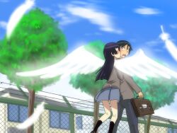  1boy bag black_hair commentary_request feathers female gokou_ruri karuta_(karuta01) kissing kousaka_kyousuke long_hair ore_no_imouto_ga_konna_ni_kawaii_wake_ga_nai school_uniform short_hair wings 