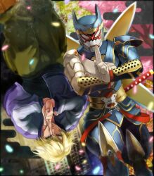  1boy blonde_hair commentary_request dual_persona formal helmet ivan_karelin iwaya jacket katana letterman_jacket male_focus origami_cyclone petals purple_eyes purple_jacket rotational_symmetry shuriken suit superhero_costume sword tiger_&amp;_bunny upside-down weapon 