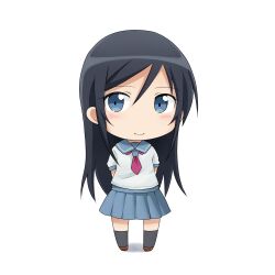  aragaki_ayase arms_behind_back black_hair black_socks blue_eyes blue_sailor_collar blue_skirt brown_footwear chibi closed_mouth commentary_request female full_body hair_between_eyes long_hair looking_at_viewer neckerchief ore_no_imouto_ga_konna_ni_kawaii_wake_ga_nai pleated_skirt red_neckerchief sailor_collar school_uniform shirt short_sleeves simple_background skirt smile socks solo sudachi_(calendar) white_background white_shirt 