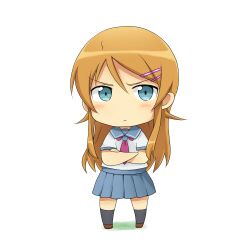  :&lt; aqua_eyes black_socks blue_sailor_collar blue_skirt blush brown_footwear chibi closed_mouth commentary_request crossed_arms female full_body hair_ornament kneehighs kousaka_kirino long_hair looking_at_viewer neckerchief orange_hair ore_no_imouto_ga_konna_ni_kawaii_wake_ga_nai pleated_skirt red_neckerchief sailor_collar school_uniform serafuku shirt shoes short_sleeves simple_background skirt socks solo standing sudachi_(calendar) white_background white_shirt 