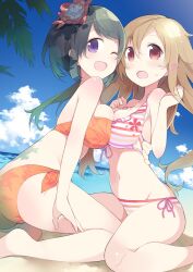  2girls :d ass bad_id bad_pixiv_id beach bikini black_hair blonde_hair blue_sky blush body_blush breast_press breasts brown_hair chinami_eita cleavage cloud day flower front-tie_top green_hair hair_flower hair_ornament haruse_hiroki hibiscus idol_pretender kitano_yuika large_breasts long_hair looking_at_viewer multiple_girls navel one_eye_closed open_mouth original outdoors purple_eyes red_eyes short_hair side-tie_bikini_bottom sitting sky smile sweatdrop swimsuit symmetrical_docking wariza water 