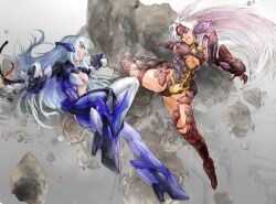  2girls android battle blue_hair cleavage_cutout clothing_cutout commentary_request cyborg damaged duel graphite_(medium) head-mounted_display kicking kos-mos kos-mos_ver._3 koukaku long_hair mixed_media multiple_girls red_eyes t-elos traditional_media white_hair xenosaga xenosaga_episode_iii 