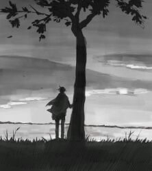  1boy bad_id bad_pixiv_id cloud greyscale ine_(zx_o4) male_focus monochrome nezumi_(no.6) no.6 ocean outdoors scenery sky solo tree wind 