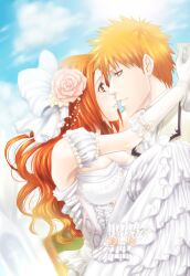  1boy bleach bow breasts brown_eyes carrying cleavage commentary_request couple dress elbow_gloves female flower formal frilled_dress frills gloves hair_flower hair_ornament hairbow hug imminent_kiss inoue_orihime kurosaki_ichigo large_breasts long_hair mimiangelo orange_hair photoshop_(medium) princess_carry straight suit wedding wedding_dress 