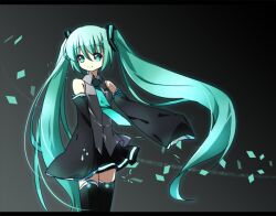  aqua_eyes aqua_hair bad_id bad_pixiv_id detached_sleeves female hatsune_miku letterboxed long_hair necktie pf photoshop_(medium) skirt sleeves_past_wrists smile solo thighhighs twintails very_long_hair vocaloid 