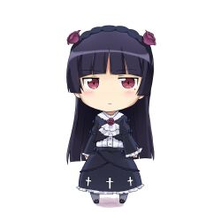  :&lt; ascot black_dress black_footwear black_hair blunt_bangs blush chibi commentary_request dress female flower frilled_dress frills full_body gokou_ruri gothic_lolita grey_pantyhose hair_flower hair_ornament hairband jitome lolita_fashion long_hair long_sleeves looking_at_viewer mole mole_under_eye ore_no_imouto_ga_konna_ni_kawaii_wake_ga_nai pantyhose red_eyes red_flower red_rose rose school_uniform shoes simple_background solo standing sudachi_(calendar) two-tone_dress white_ascot white_background white_dress 