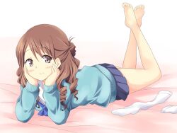  barefoot cardigan commentary_request dekosuke drill_hair feet female hanasaku_iroha highres lying on_stomach school_uniform skirt socks solo the_pose wakura_yuina 