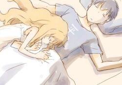  1boy aisaka_taiga black_hair brown_hair closed_eyes commentary_request dress female pillow shirotaka_(shirotaka) shirt short_hair sleeping sundress t-shirt takasu_ryuuji toradora! 