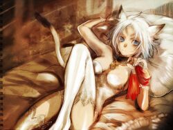  adventurer_(ff11) animal_ears bed blue_eyes breasts cat_ears cat_girl cat_tail commentary_request doraeshi female final_fantasy final_fantasy_xi legs lingerie lying medium_breasts mithra_(ff11) pillow scan scan_artifacts solo tail teddy_(lingerie) thighhighs underwear white_hair 