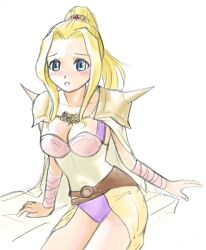  blonde_hair blue_eyes blush breasts cape female final_fantasy final_fantasy_iv hair_ornament leotard long_hair ponytail rosa_farrell shoulder_pads sitting solo tanyaoh white_background 