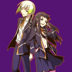  1boy ar_tonelico ar_tonelico_i black_hair commentary_request female hand_on_own_hip jakuri_(ar_tonelico) long_hair michitaka_ayatane multicolored_hair open_clothes orange_outline outline purple_eyes red_eyes school_uniform short_hair simple_background skirt suzuoka_mizuki 