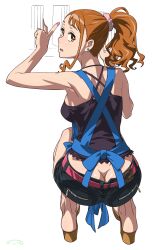  :o anjou_naruko ano_hi_mita_hana_no_namae_wo_bokutachi_wa_mada_shiranai. apron ass bare_shoulders belt black_shorts breasts brown_eyes brown_hair butt_crack commentary_request downpants earrings female highres jewelry looking_at_viewer looking_back md5_mismatch medium_breasts no_panties open_mouth ponytail resolution_mismatch revision sandals short_hair shorts sideboob sitting solo source_smaller squatting suna_(sandworks) tank_top 