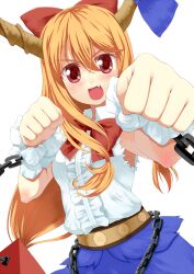  armpits b-ginga belt blush bow chains clenched_hands commentary_request female fighting_stance hairbow horn_ornament horn_ribbon horns ibuki_suika oerba_yun_fang open_mouth orange_hair red_eyes ribbon shirt skirt solo star-shaped_pupils star_(symbol) symbol-shaped_pupils touhou 