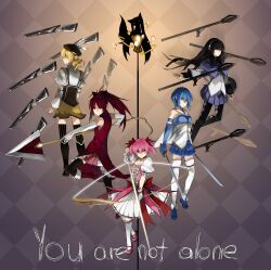  5girls absurdres akemi_homura akemi_homura_(magical_girl) argyle_background beret black_hair black_pantyhose black_thighhighs blonde_hair blue_eyes blue_hair boots bow bow_(weapon) brown_legwear cape checkered_background choker commentary_request detached_sleeves drill_hair dual_wielding everyone fingerless_gloves gloves gun hair_ornament hairband hairbow hat highres holding kaname_madoka kaname_madoka_(magical_girl) kyuubee long_hair magical_girl magical_musket mahou_shoujo_madoka_magica mahou_shoujo_madoka_magica_(anime) miki_sayaka miki_sayaka_(magical_girl) multiple_girls orokanahime pantyhose photoshop_(medium) pink_hair pleated_skirt polearm ponytail puffy_sleeves red_eyes red_hair ribbon rifle rocket_launcher rpg_(weapon) sakura_kyoko sakura_kyoko_(magical_girl) short_hair short_twintails skirt spear striped_clothes striped_thighhighs sword text_focus thighhighs tomoe_mami tomoe_mami_(magical_girl) twin_drills twintails vertical-striped_clothes vertical-striped_thighhighs weapon white_legwear yellow_eyes zettai_ryouiki 