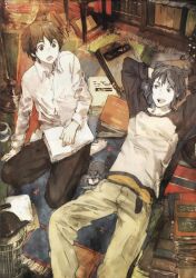  2boys black_hair book brown_eyes brown_hair highres lying male_focus mouse_(animal) multiple_boys nezumi_(no.6) no.6 official_art on_back open_mouth shion_(no.6) toi8 