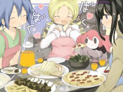  3girls akemi_homura black_hair blonde_hair blue_hair charlotte_(madoka_magica) commentary_request drill_hair eating food hairband mahou_shoujo_madoka_magica mahou_shoujo_madoka_magica_(anime) miki_sayaka multiple_girls name_john pizza purple_eyes tomoe_mami twin_drills twintails 