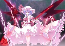  ascot bad_id bad_pixiv_id bat_wings blue_hair blush bow brooch chains commentary_request dress female hat jewelry kurono_yuzuko magic_circle miserable_fate photoshop_(medium) pink_dress polearm purple_eyes remilia_scarlet short_hair smile solo spear touhou weapon wings wrist_cuffs 