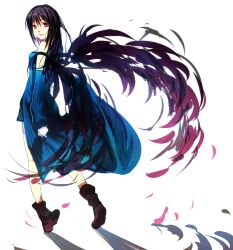  arm_warmers bad_id bad_pixiv_id bare_shoulders black_hair blue_arm_warmers boots detached_sleeves fake_wings female final_fantasy final_fantasy_viii full_body highres kyoumo_baito light_smile long_hair looking_back pink_eyes purple_eyes purple_hair rinoa_heartilly shadow sleeveless_duster solo standing white_background wings 