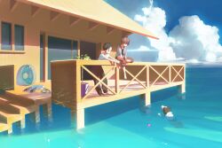  2boys bad_id bad_pixiv_id ball black_hair brown_hair canine cloud day hana_(dqkmb362) house innertube male_focus multiple_boys ocean original plant potted_plant sitting sky smile stilt_house swim_ring swimming water 