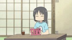  animated animated animated black_eyes black_hair book drink fainting female halo lowres mosquito nichijou passed_out sakamoto_(nichijou) shinonome_nano unconscious winding_key 