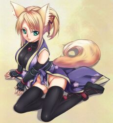  animal_ears armor bad_id bad_pixiv_id black_thighhighs blonde_hair breasts dog_days female fingerless_gloves fox_ears fox_tail gloves green_eyes japanese_armor japanese_clothes kawagoe_pochi kote kurokote medium_breasts solo tail thighhighs yukikaze_panettone 