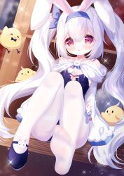  :o animal_ears azur_lane bare_shoulders blue_bow blue_footwear blue_hairband blue_leotard bow breasts cleavage_cutout clothing_cutout commentary_request crossed_bangs fake_animal_ears feet female hair_between_eyes hair_ornament hairband hairbow hamiyamiko highres jacket laffey_(azur_lane) laffey_ii_(azur_lane) laffey_ii_(sleepy_on_a_busy_day)_(azur_lane) leotard long_hair long_sleeves looking_at_viewer manjuu_(azur_lane) pantyhose playboy_bunny pom_pom_(clothes) pom_pom_hair_ornament purple_eyes rabbit_cutout rabbit_ears red_eyes shoes single_shoe sitting small_breasts solo strapless strapless_leotard toes twintails two-tone_eyes very_long_hair white_hair white_jacket white_pantyhose 